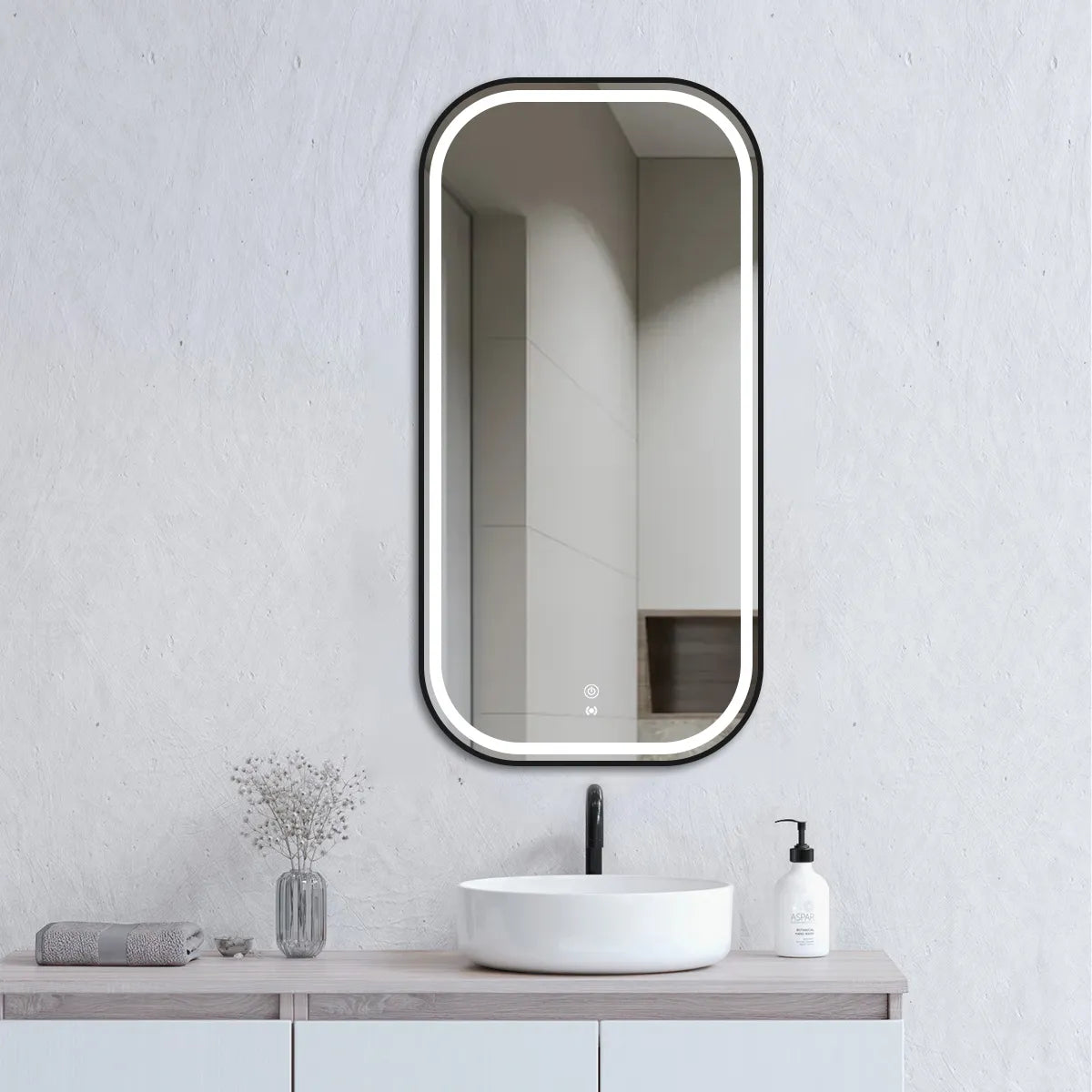 LED Newport 900(H)x450(W) Black Metal Frame Tuffi Mirror Soft Square