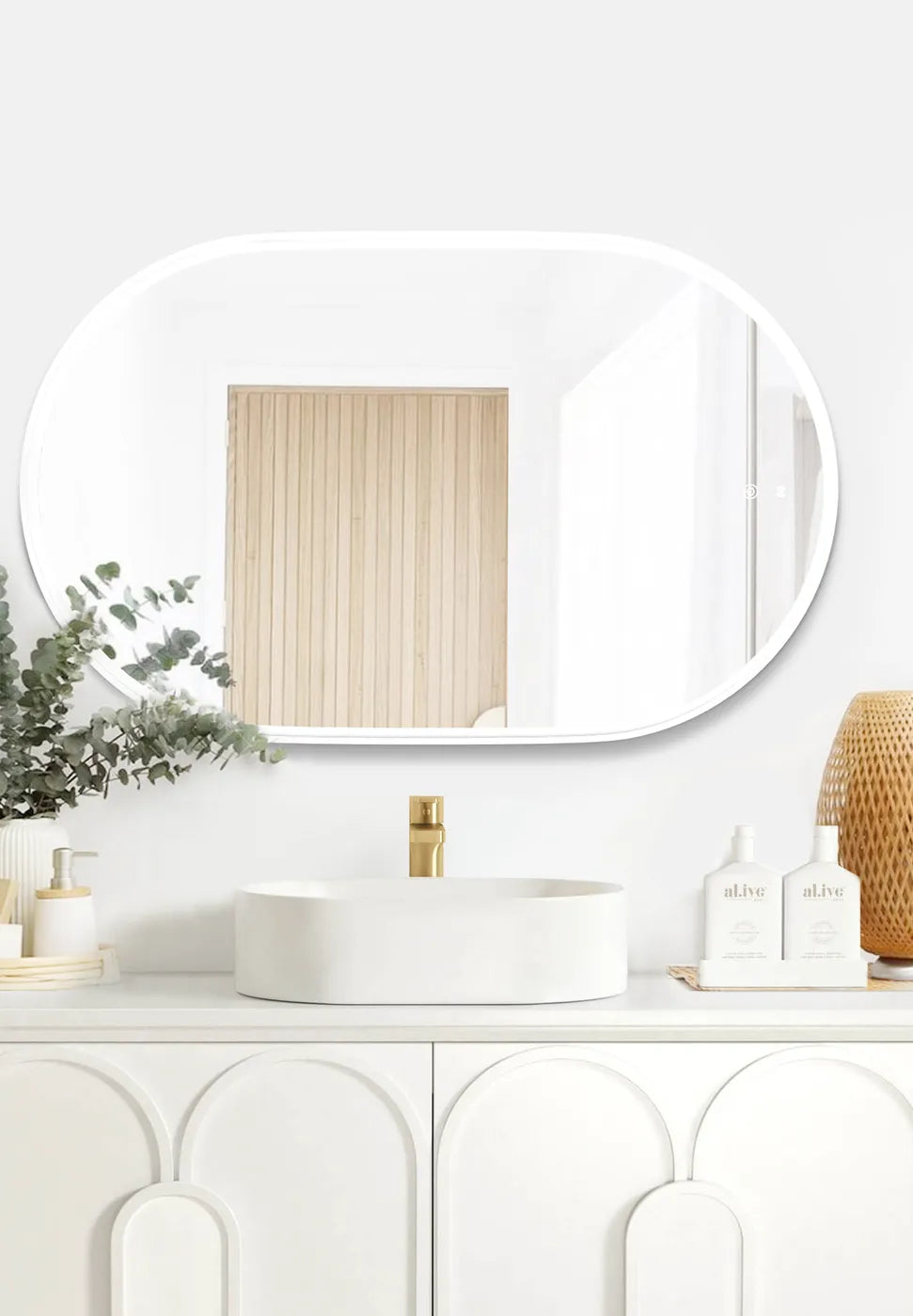 LED Noosa 900(H)x600(W) White Metal Frame Tuffi Mirror- Install Horizontal or Vertical