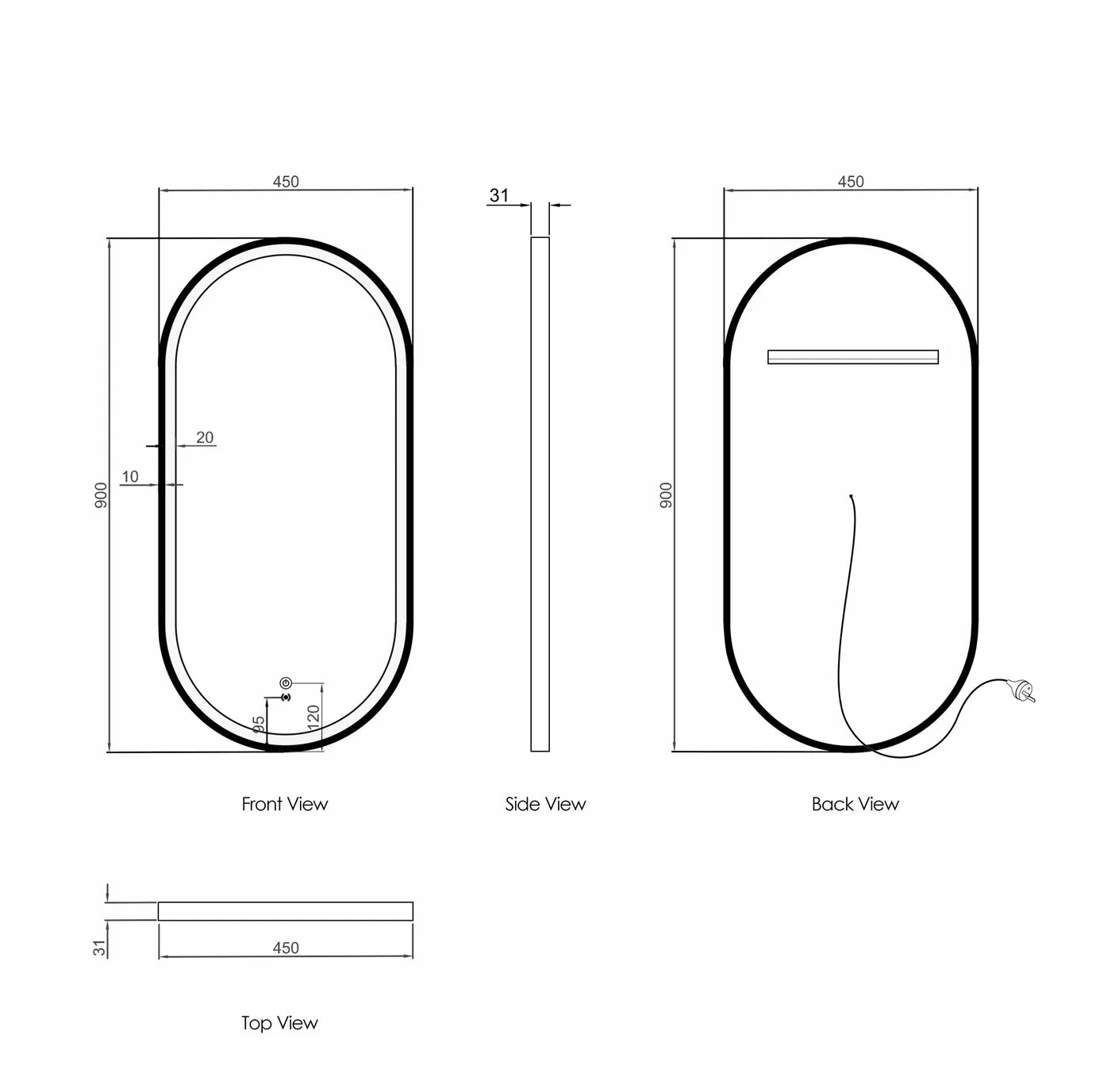 LED Noosa 900(H)x450(W) White Metal Frame Tuffi Mirror