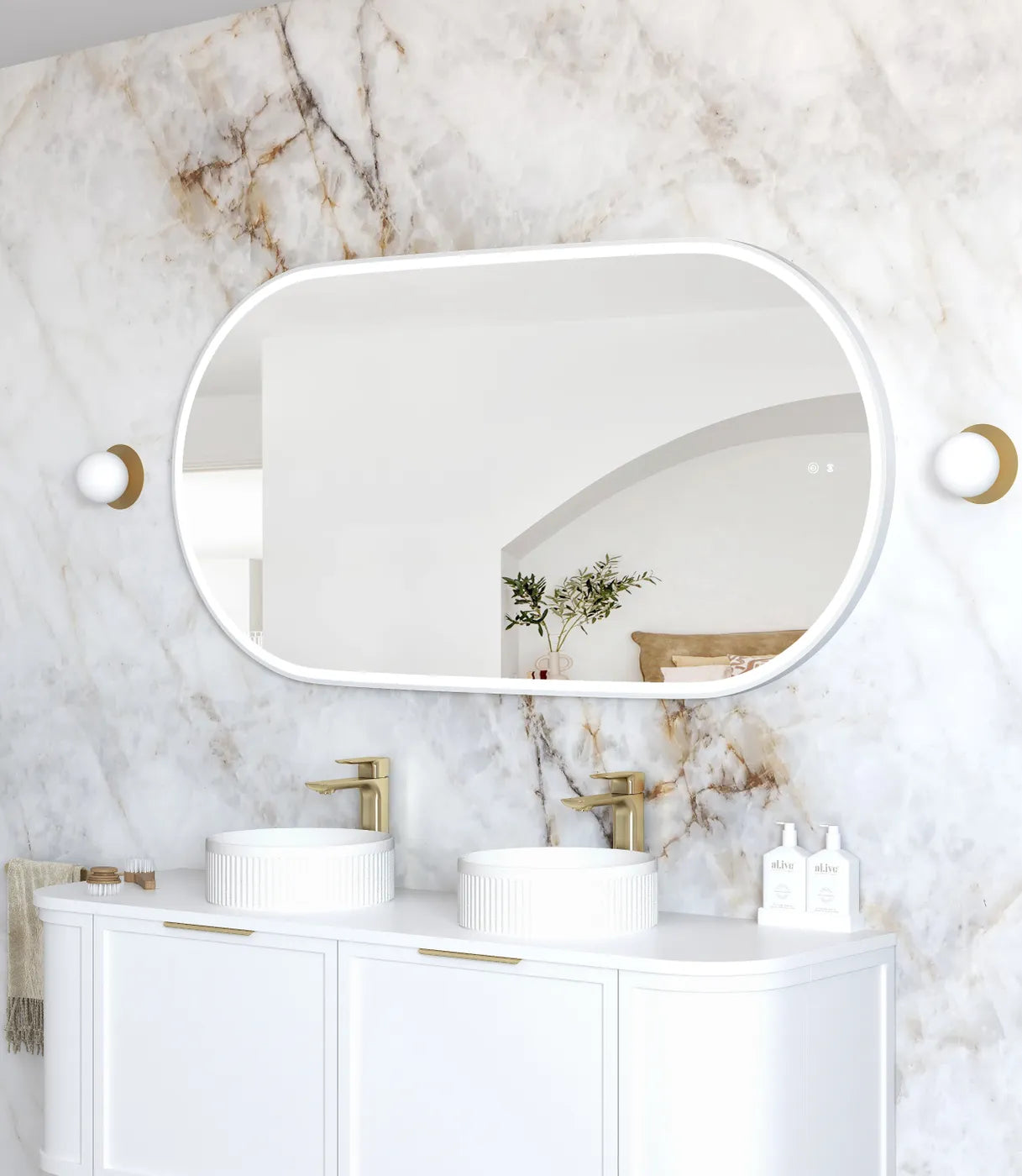 LED Noosa 1500(W)x750(H) White Metal Frame Tuffi Mirror- Install Horizontal or Vertical