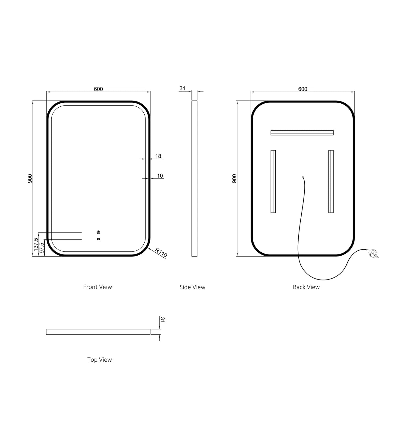 LED Newport 900(H)x600(W) Black Metal Frame Tuffi Mirror- Install Horizontal or Vertical
