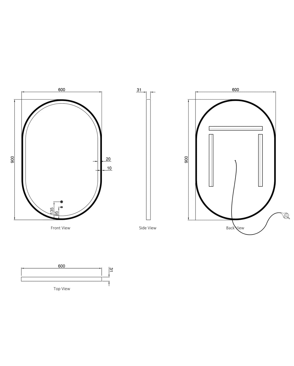 LED Noosa 900(H)x600(W) Gold Metal Frame Tuffi Mirror- Install Horizontal or Vertical