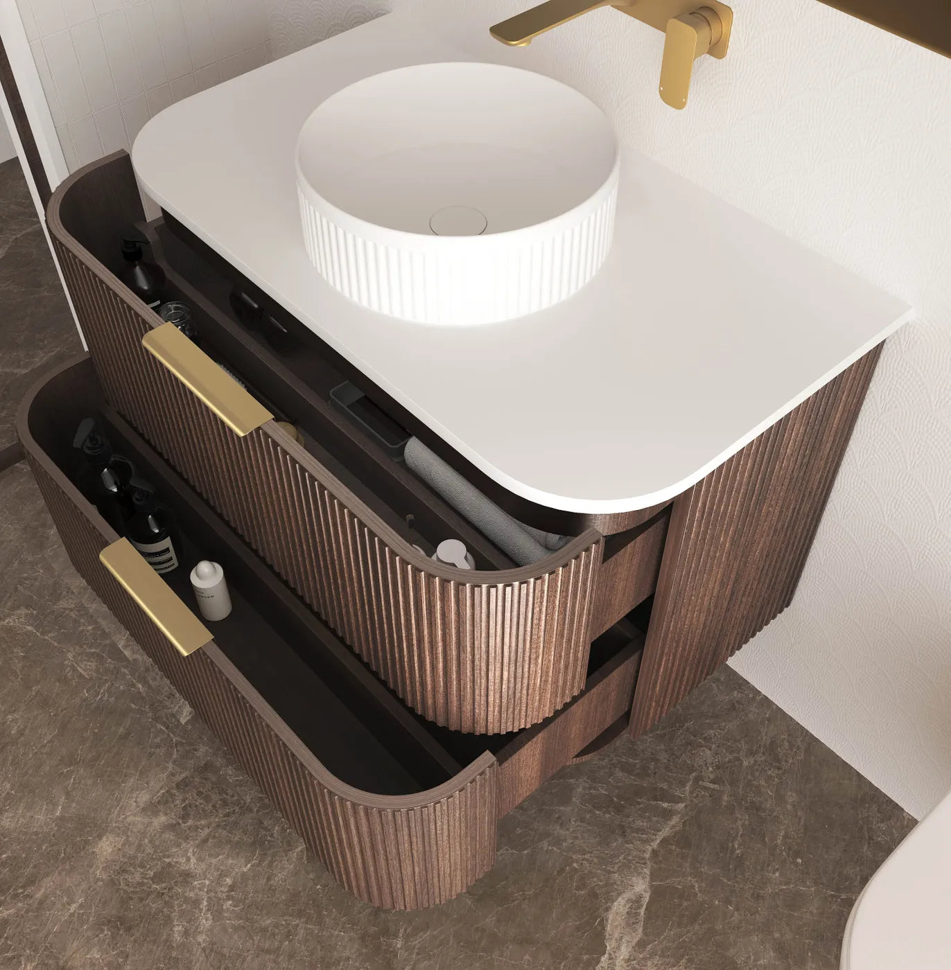 Havana Fluted 750mm Sable Walnut Wall Hung Curve Vanity