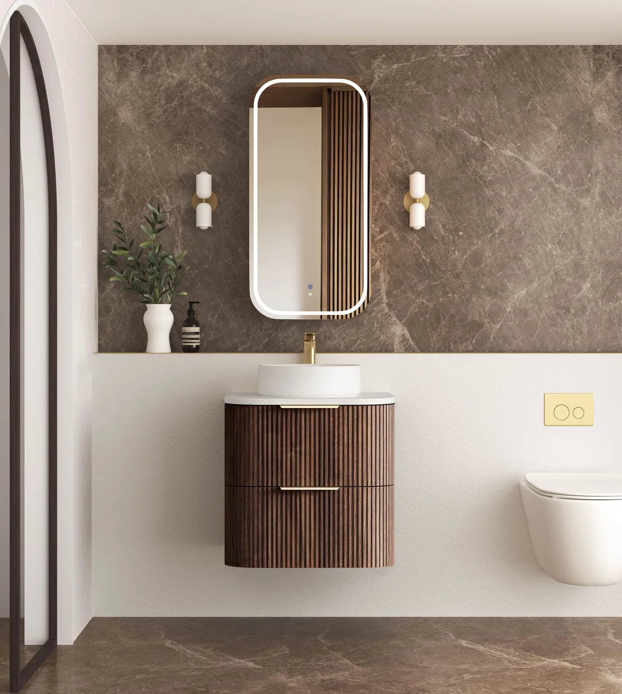 Havana Fluted 600mm Sable Walnut Wall Hung Curve Vanity