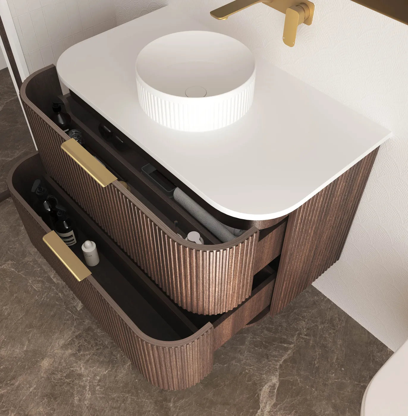 Havana Fluted 900mm Sable Walnut Wall Hung Curve Vanity