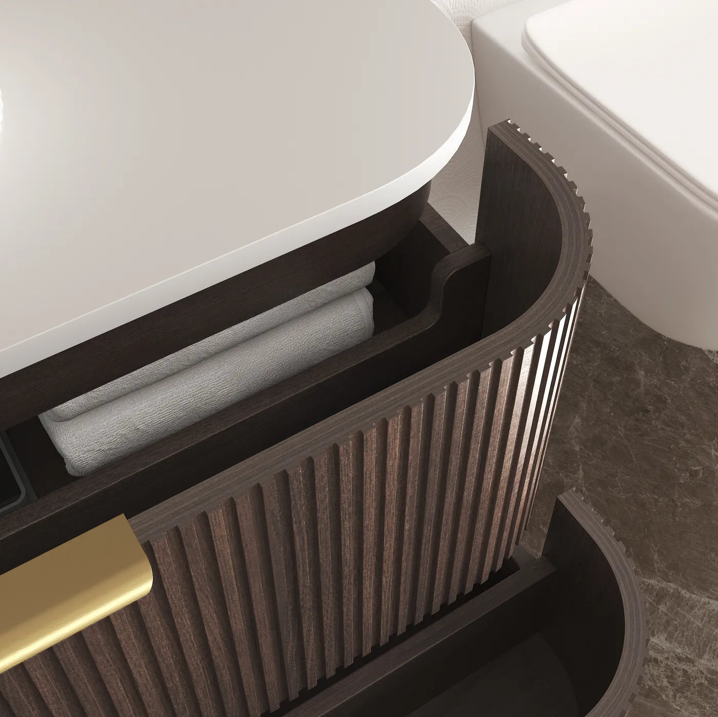 Havana Fluted 1500mm Sable Walnut Wall Hung Curve Vanity