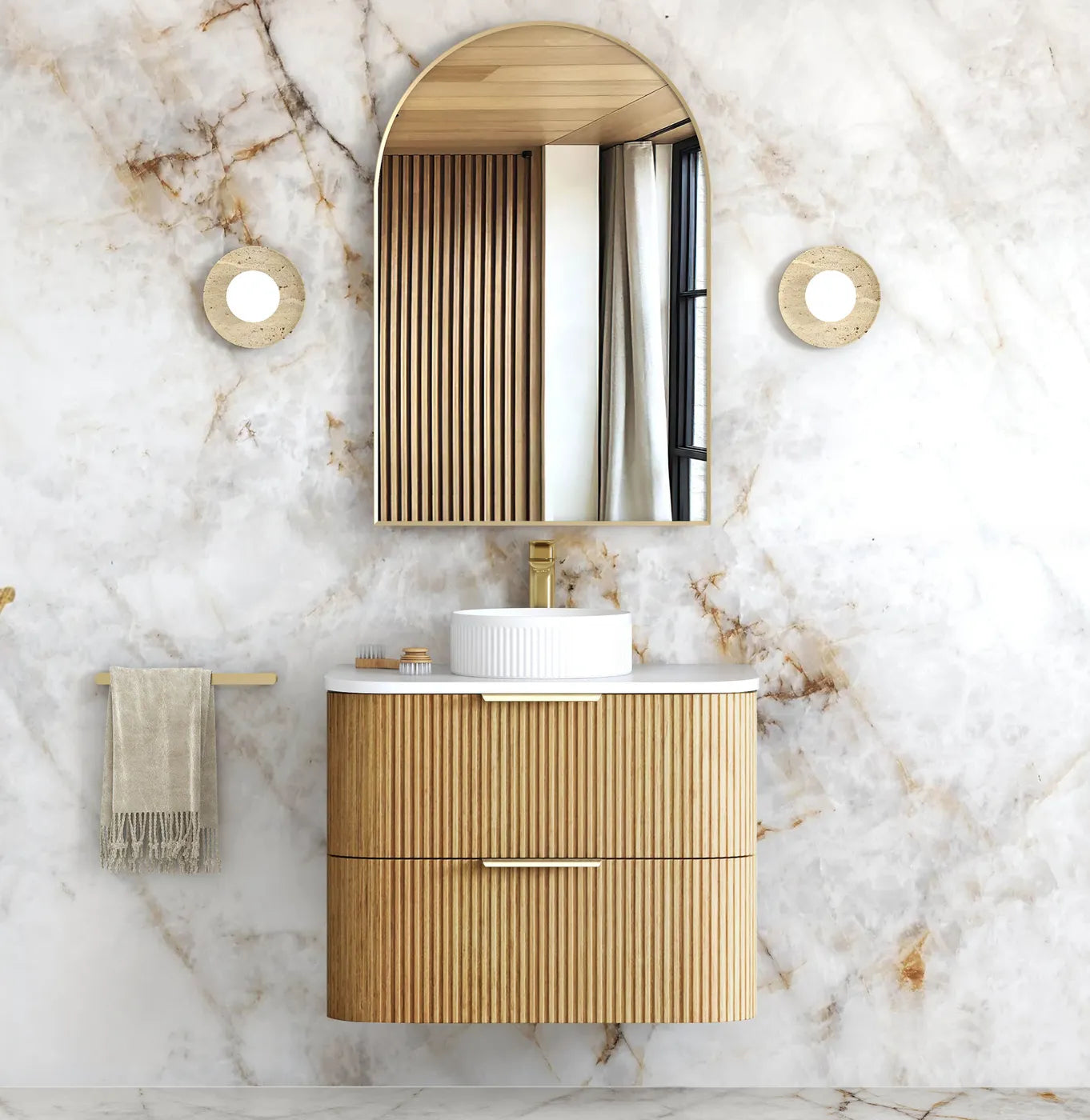 Havana Fluted 750mm Woodland Oak Wall Hung Curve Vanity