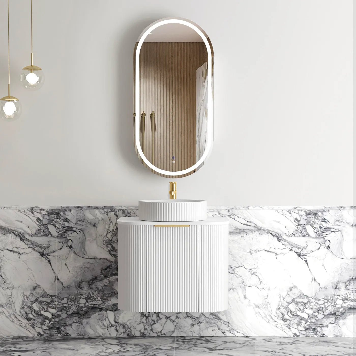 Bondi 600mm Satin White Fluted Wall Hung Curve Vanity (12TH & NTH Only)