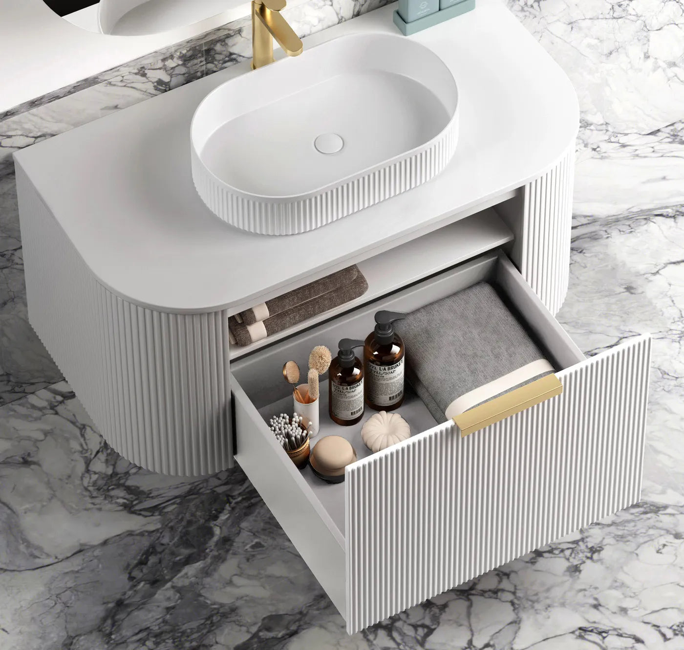 Bondi 900mm Satin White Fluted Wall Hung Curve Vanity